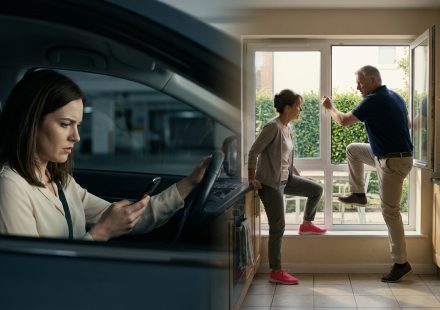 A young professional woman sits in her car looking shocked at security-camera footage showing her parents entering her newly purchased apartment through a kitchen window.