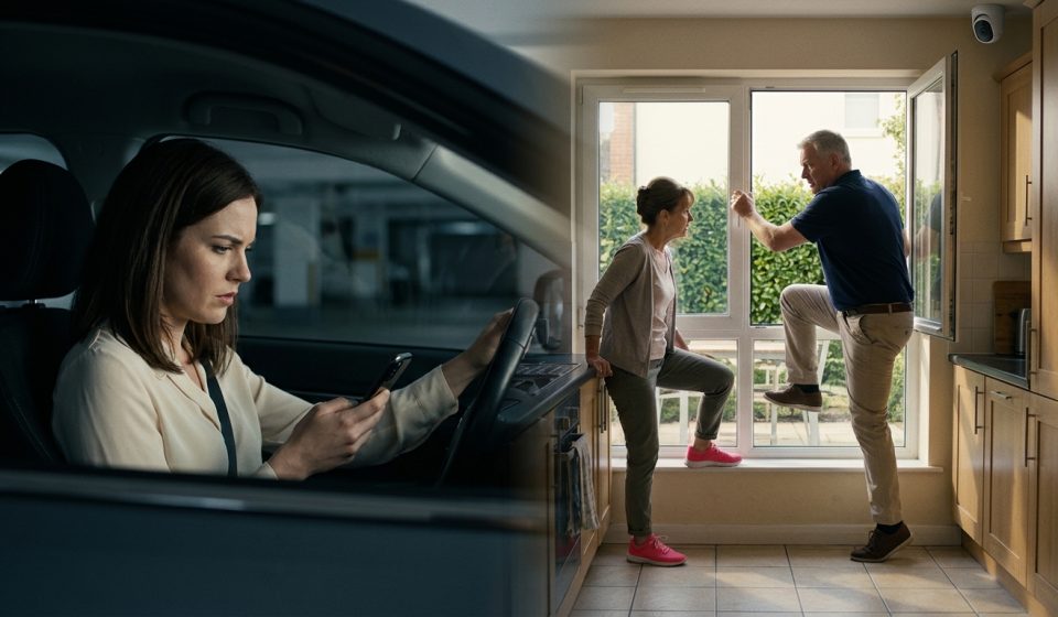 A young professional woman sits in her car looking shocked at security-camera footage showing her parents entering her newly purchased apartment through a kitchen window.