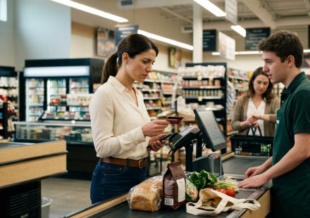 A 31-year-old woman looks concerned while holding a declined debit card and smartphone at a grocery store checkout counter, with groceries waiting beside the register.