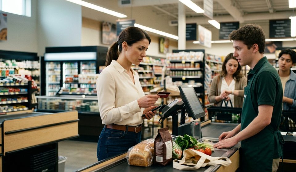 A 31-year-old woman looks concerned while holding a declined debit card and smartphone at a grocery store checkout counter, with groceries waiting beside the register.