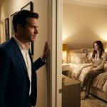 A thirty-five-year-old businessman standing in a dimly lit hallway, overhearing his wife talking to her mom over FaceTime inside their bedroom.