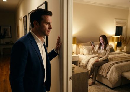 A thirty-five-year-old businessman standing in a dimly lit hallway, overhearing his wife talking to her mom over FaceTime inside their bedroom.