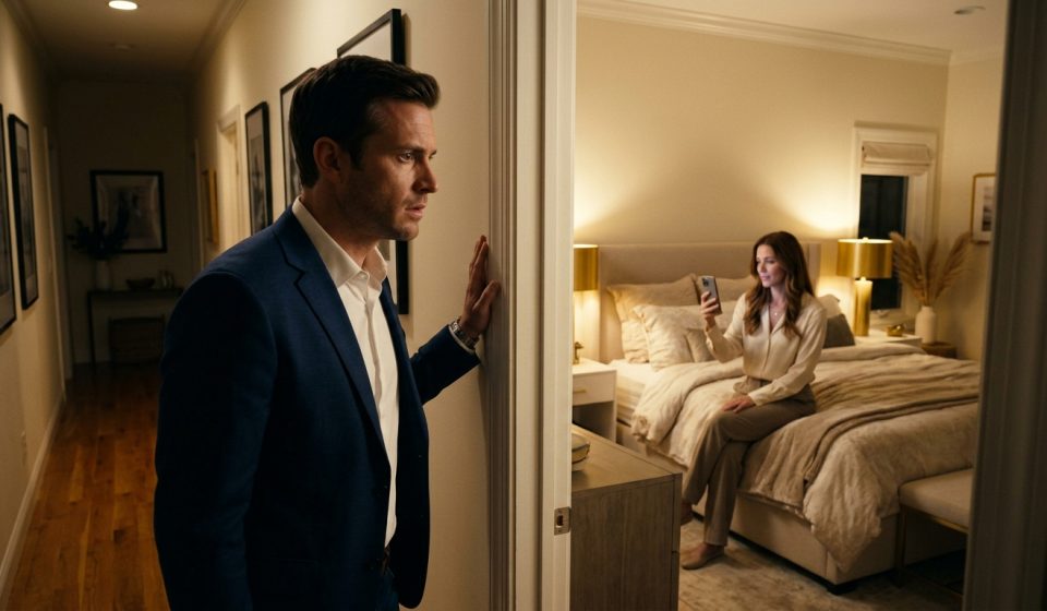 A thirty-five-year-old businessman standing in a dimly lit hallway, overhearing his wife talking to her mom over FaceTime inside their bedroom.