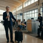 A mature woman holding her phone beside a rolling suitcase at an airport boarding gate after discovering her flight reservation has been cancelled.