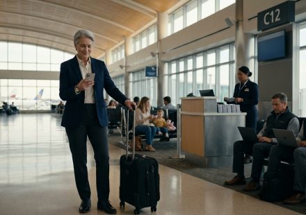 A mature woman holding her phone beside a rolling suitcase at an airport boarding gate after discovering her flight reservation has been cancelled.