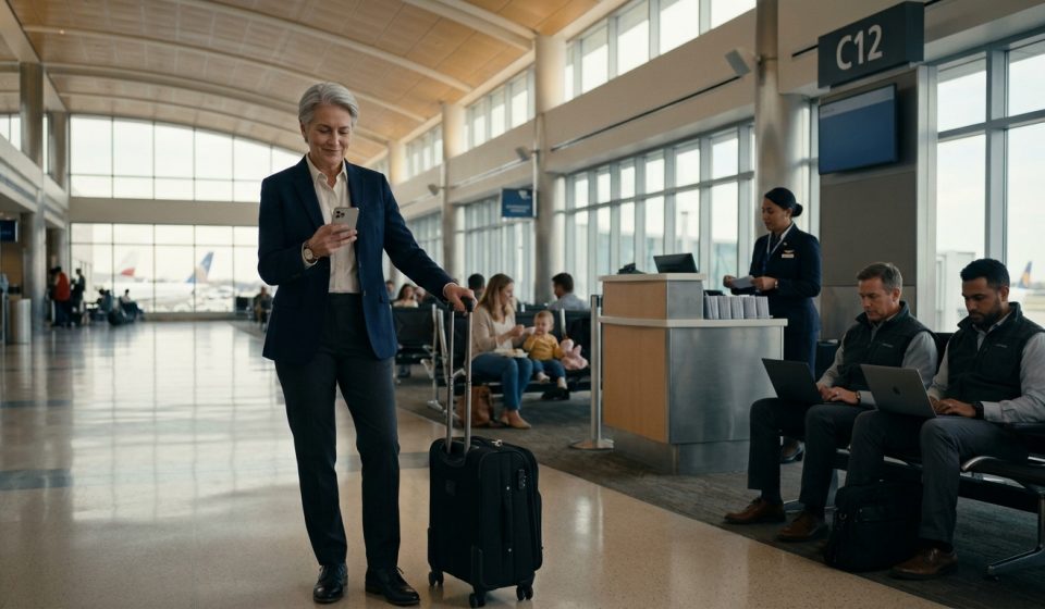 A mature woman holding her phone beside a rolling suitcase at an airport boarding gate after discovering her flight reservation has been cancelled.