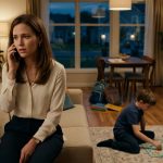 A worried 27-year-old aunt holds her smartphone in a warmly lit apartment while her two young nephews play a board game on the living room floor.