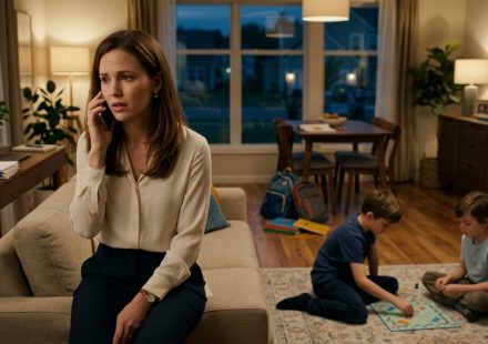 A worried 27-year-old aunt holds her smartphone in a warmly lit apartment while her two young nephews play a board game on the living room floor.