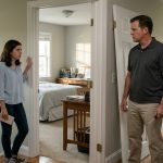 A shocked teenage girl stands beside her exposed bedroom doorway while her stepfather holds a screwdriver and his adult son watches from the hallway.