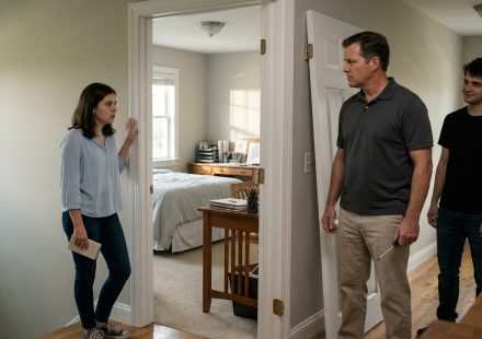 A shocked teenage girl stands beside her exposed bedroom doorway while her stepfather holds a screwdriver and his adult son watches from the hallway.