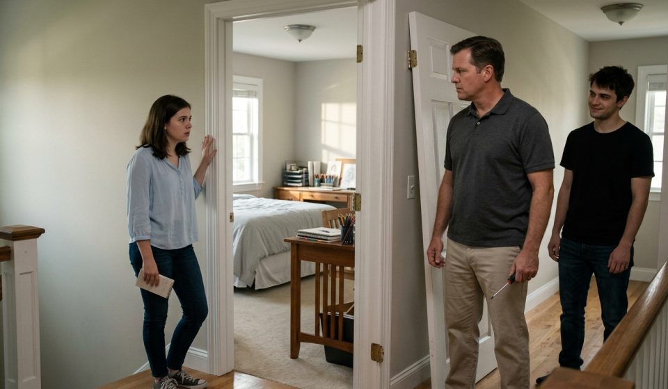 A shocked teenage girl stands beside her exposed bedroom doorway while her stepfather holds a screwdriver and his adult son watches from the hallway.