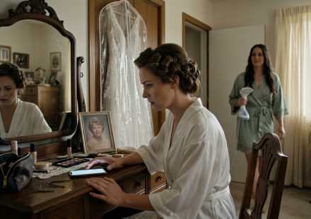 A bride in a white robe sits at her vanity staring suspiciously at an illuminated smartphone while her maid of honour returns to the bedroom.