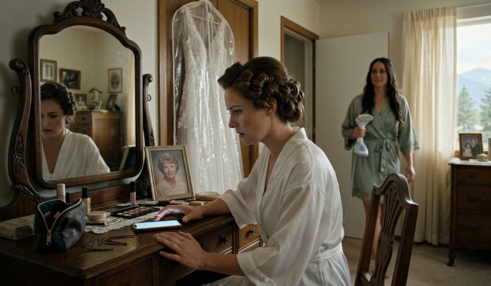 A bride in a white robe sits at her vanity staring suspiciously at an illuminated smartphone while her maid of honour returns to the bedroom.