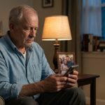 A 67-year-old father sits alone in his apartment, looking at an engagement photograph on his smartphone with a heartbroken expression.