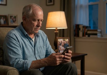 A 67-year-old father sits alone in his apartment, looking at an engagement photograph on his smartphone with a heartbroken expression.