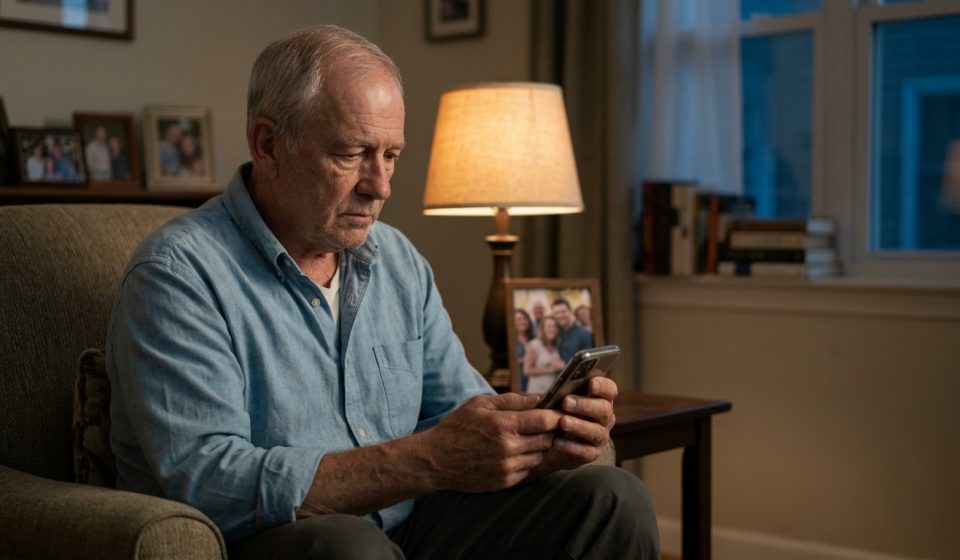 A 67-year-old father sits alone in his apartment, looking at an engagement photograph on his smartphone with a heartbroken expression.