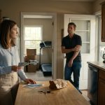 A shocked woman stands at her boyfriend's front door speaking with his parents during Easter while his father holds a ham and her nervous boyfriend watches from the hallway.