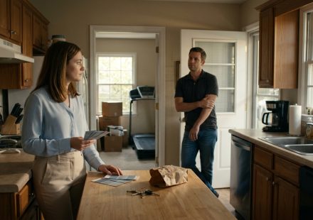A shocked woman stands at her boyfriend's front door speaking with his parents during Easter while his father holds a ham and her nervous boyfriend watches from the hallway.
