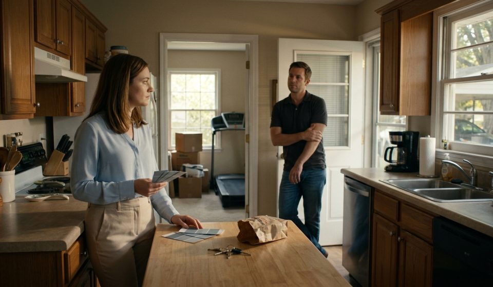 A shocked woman stands at her boyfriend's front door speaking with his parents during Easter while his father holds a ham and her nervous boyfriend watches from the hallway.