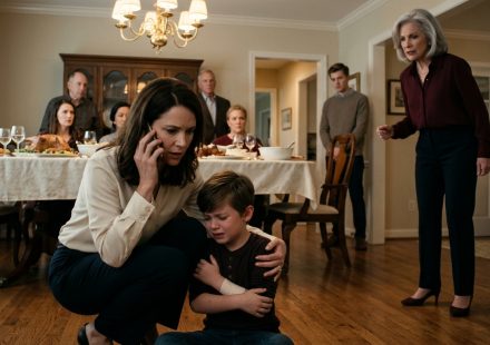 A mother kneels beside her injured seven-year-old son in a family dining room while her angry mother confronts her for calling emergency services.