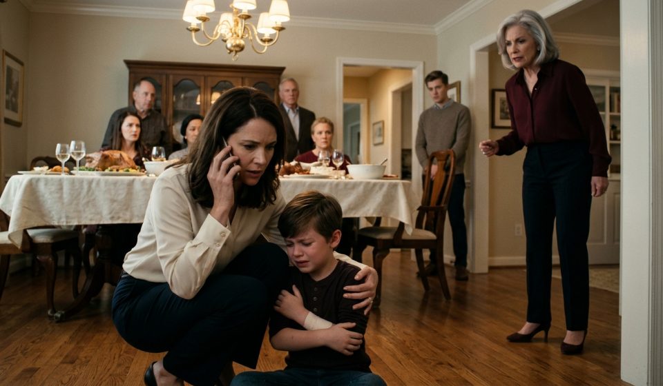 A mother kneels beside her injured seven-year-old son in a family dining room while her angry mother confronts her for calling emergency services.