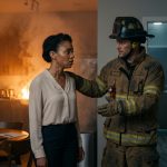 A deaf woman with healed burn scars stands frightened inside her smoke-filled apartment as a firefighter gently guides her toward safety.