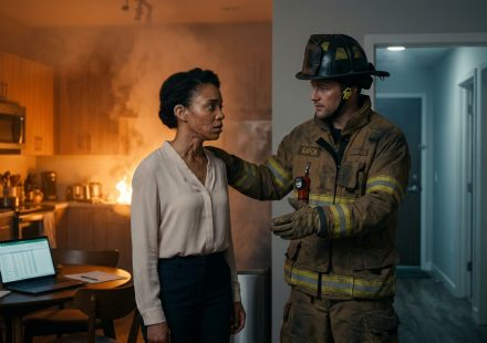 A deaf woman with healed burn scars stands frightened inside her smoke-filled apartment as a firefighter gently guides her toward safety.