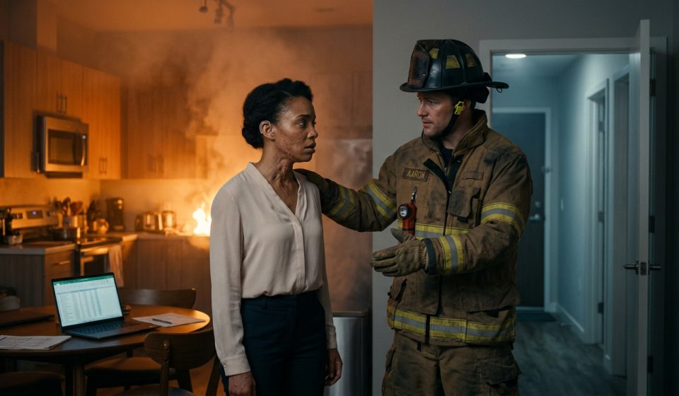 A deaf woman with healed burn scars stands frightened inside her smoke-filled apartment as a firefighter gently guides her toward safety.