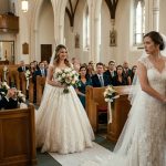 A bride stands stunned beside her groom at the altar as her sister in a white dress walks down the church aisle carrying a bouquet, while their parents smile.
