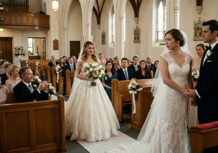 A bride stands stunned beside her groom at the altar as her sister in a white dress walks down the church aisle carrying a bouquet, while their parents smile.