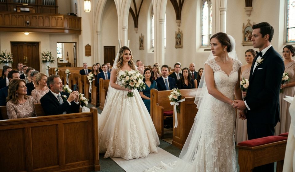 A bride stands stunned beside her groom at the altar as her sister in a white dress walks down the church aisle carrying a bouquet, while their parents smile.