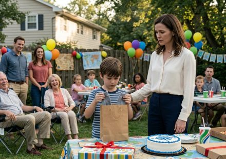 An eight-year-old boy looks disappointed while holding a birthday gift bag containing grey socks as his grandparents laugh and his mother watches with concern.