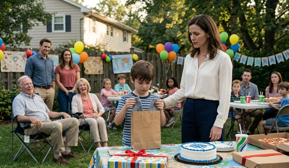 An eight-year-old boy looks disappointed while holding a birthday gift bag containing grey socks as his grandparents laugh and his mother watches with concern.