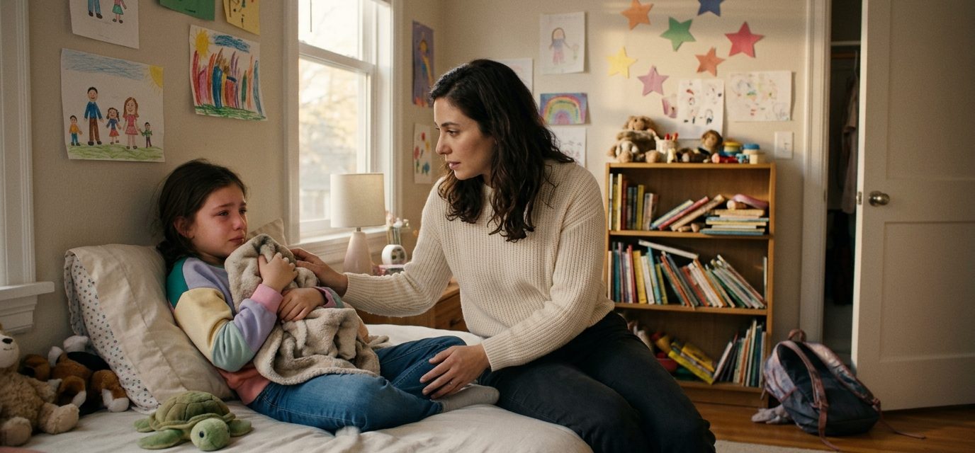A protective mother comforts her crying nine-year-old daughter in her bedroom after a teacher humiliates her during a school presentation.