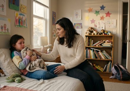 A protective mother comforts her crying nine-year-old daughter in her bedroom after a teacher humiliates her during a school presentation.