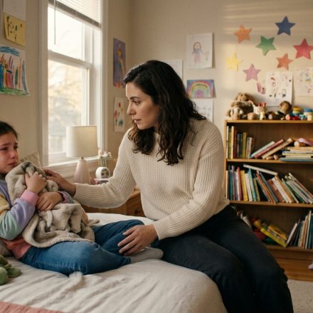 A protective mother comforts her crying nine-year-old daughter in her bedroom after a teacher humiliates her during a school presentation.
