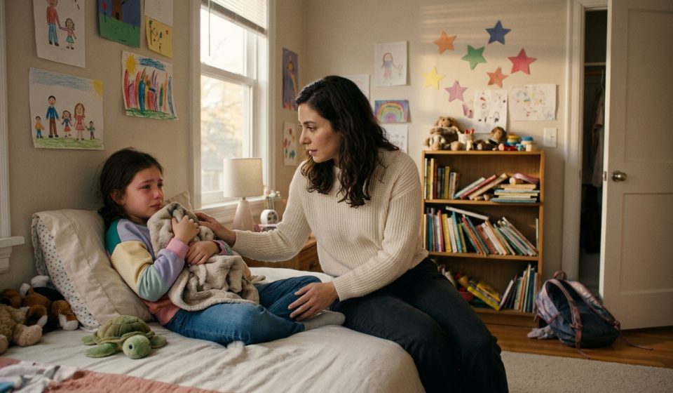 A protective mother comforts her crying nine-year-old daughter in her bedroom after a teacher humiliates her during a school presentation.