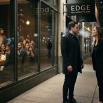A calm man faces his girlfriend beneath a streetlight outside a steakhouse while her coworkers watch through the restaurant window.