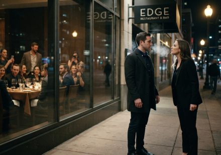 A calm man faces his girlfriend beneath a streetlight outside a steakhouse while her coworkers watch through the restaurant window.