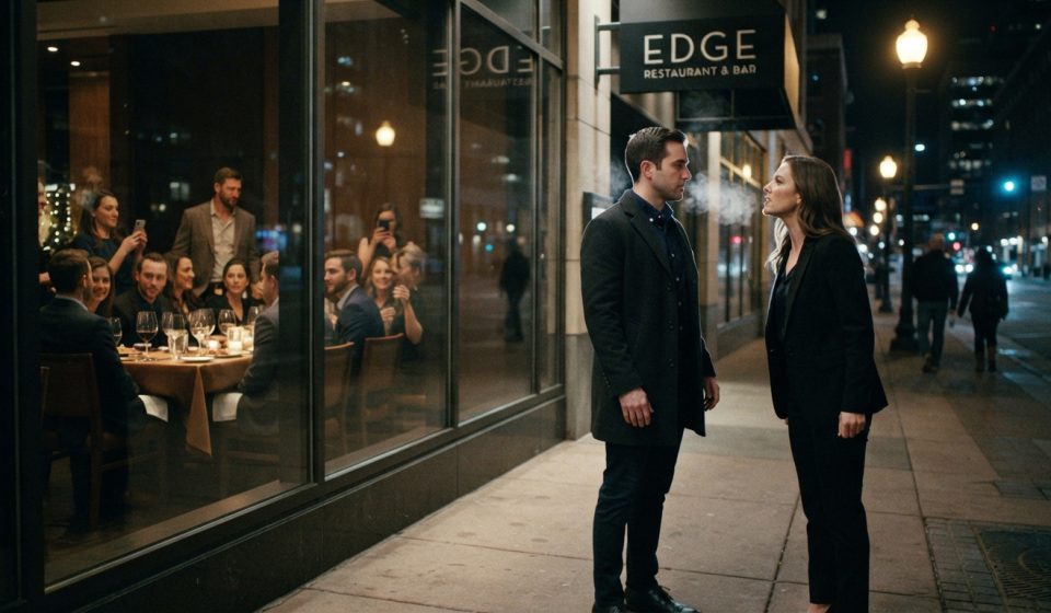 A calm man faces his girlfriend beneath a streetlight outside a steakhouse while her coworkers watch through the restaurant window.