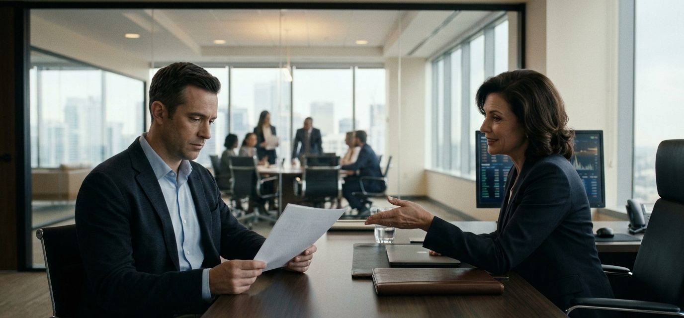 Experienced senior risk analyst Garrett sitting quietly in a conference room while his younger colleague Declan celebrates a director promotion after eleven years of mentorship.