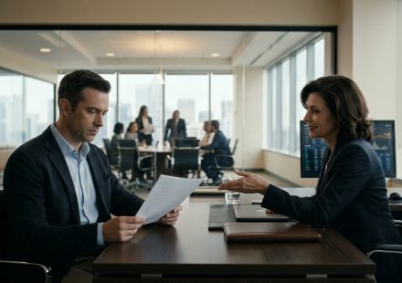 Experienced senior risk analyst Garrett sitting quietly in a conference room while his younger colleague Declan celebrates a director promotion after eleven years of mentorship.