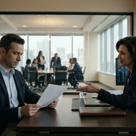 Experienced senior risk analyst Garrett sitting quietly in a conference room while his younger colleague Declan celebrates a director promotion after eleven years of mentorship.