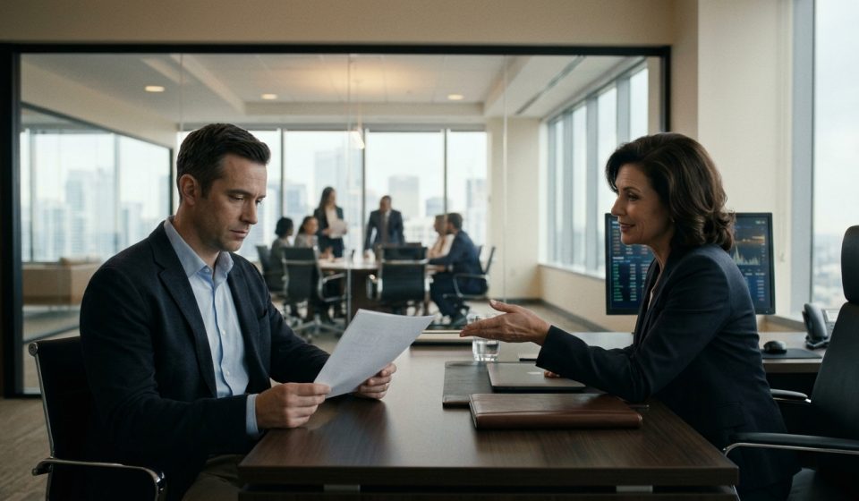 Experienced senior risk analyst Garrett sitting quietly in a conference room while his younger colleague Declan celebrates a director promotion after eleven years of mentorship.