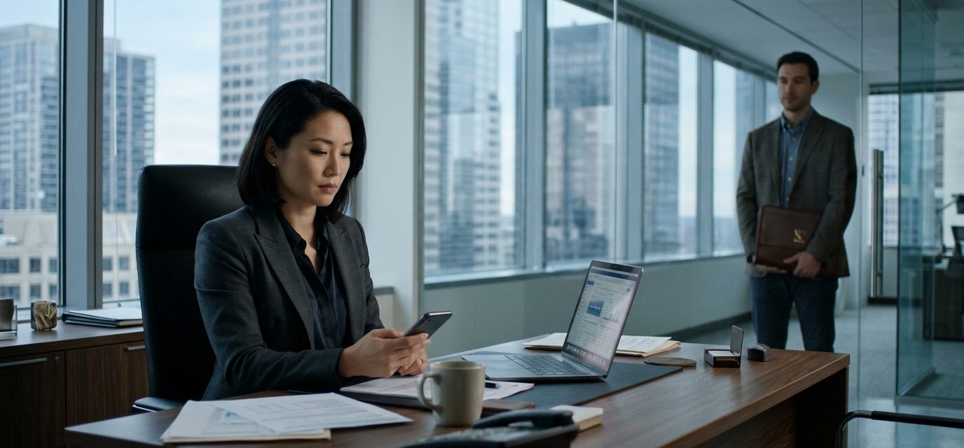 Professional woman sitting in her executive office, looking at an upsetting message on her phone after being excluded from a family New Year's Eve celebration.