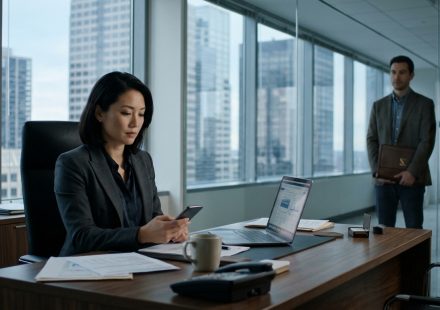 Professional woman sitting in her executive office, looking at an upsetting message on her phone after being excluded from a family New Year's Eve celebration.