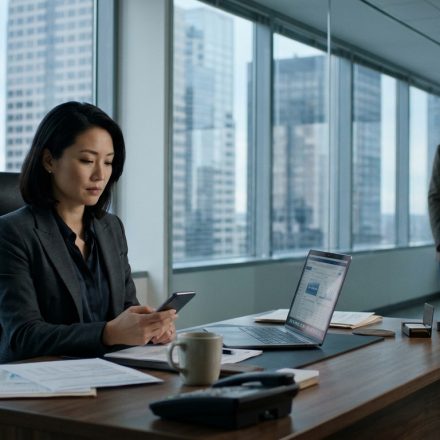 Professional woman sitting in her executive office, looking at an upsetting message on her phone after being excluded from a family New Year's Eve celebration.