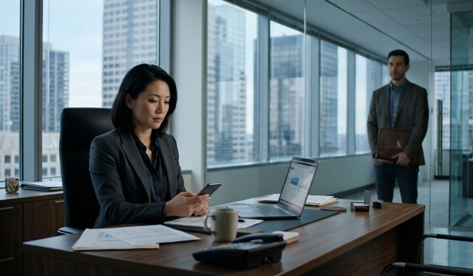 Professional woman sitting in her executive office, looking at an upsetting message on her phone after being excluded from a family New Year's Eve celebration.