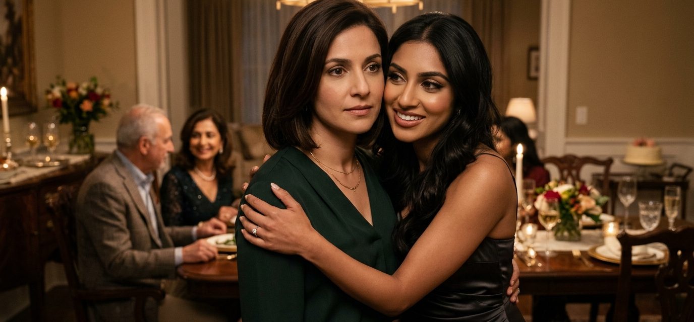 Two adult sisters at a family gathering, one looking cautiously happy while the younger sister watches with a subtle expression of jealousy.