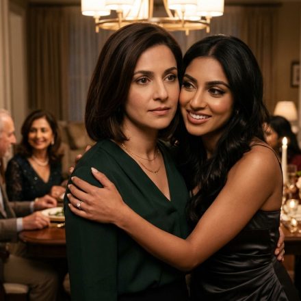 Two adult sisters at a family gathering, one looking cautiously happy while the younger sister watches with a subtle expression of jealousy.